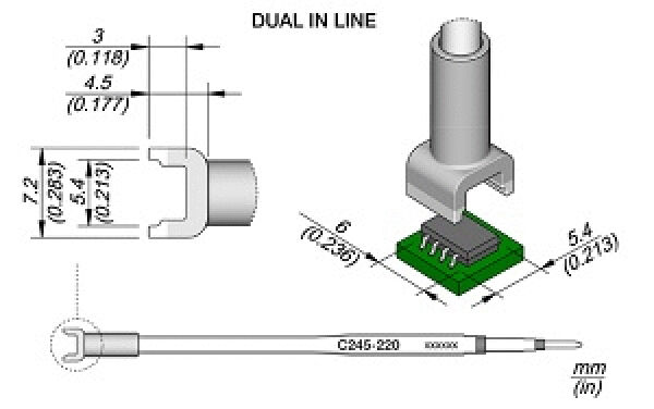 The image displays technical drawings of an electronic component with a cylindrical connector, a small green package, and precise measurements in millimeters.