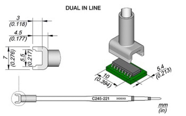 Das Bild zeigt technische Zeichnungen eines DUAL IN LINE-Steckers. Es sind Maße in mm angegeben, die die Abmessungen von Stecker und Platine zeigen. Der Stecker hat eine zylindrische Form und ist mit einer Leiterplatte verbunden.