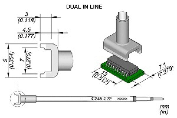 The image shows a technical drawing of a dual in-line component with dimensions. It includes a connector seated on a circuit board and is shown in two views.