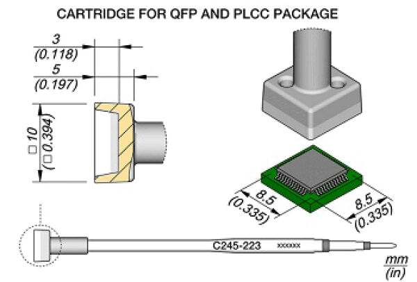 Das Bild zeigt technische Zeichnungen einer Cartridge für QFP- und PLCC-Gehäuse. Es sind Maße in Millimetern angegeben, sowie die Form der Cartridge und eines grünen Chips.