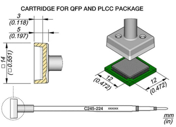 The image displays a technical drawing of a cartridge system for QFP and PLCC packages, with dimensions and a side view. A wire connects the cartridge to a control surface.