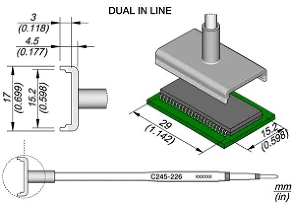 The image shows a technical drawing of a component with various dimensions. At the top, there is a casing visible, which sits on a green PCB, and below it, there is a tool connected by cables.