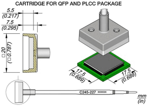 The image displays a technical drawing of a cartridge for QFP and PLCC packages. It shows dimensions and the shape of the device. A detail indicates the connection and the dimensions.