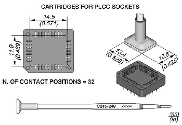 Das Bild zeigt technische Zeichnungen von PLCC-Cartridges. Oben sind zwei Ansichten eines quadratischen Steckers mit 32 Kontaktpositionen. Unten befindet sich eine Beschreibung mit Maßen in mm und Zoll.