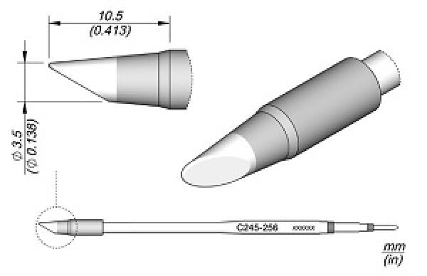 Das Bild zeigt einen technischen Diagramm eines Stiftes mit einer konischen Spitze. Es sind Maße angegeben: Durchmesser und Längenangaben in Millimetern. Die Ansicht ist sowohl von vorne als auch von der Seite dargestellt.