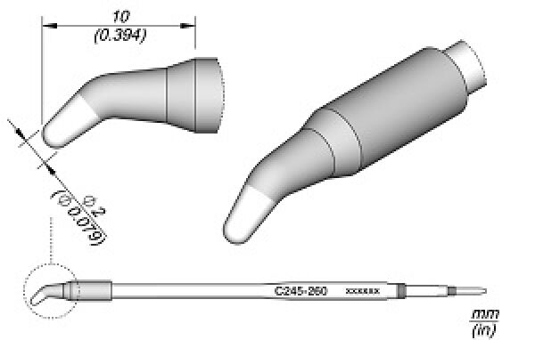 The image displays a technical drawing of a device with a curved end and a straight body. The dimensions are provided, including diameter and length.