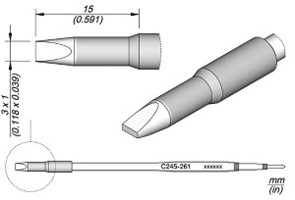 The image displays technical drawings of a tool with a pointed end. There are front, side, and detailed views. Dimensions are provided. The shape is ergonomic.