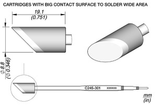 The image displays technical drawings of soldering tips. One tip has a conical shape with a large contact area. The dimensions are provided, including a detailed sectional view and a top view.