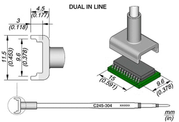 Das Bild zeigt technische Zeichnungen eines Bauteils mit verschiedenen Ansichten und Abmessungen. Es handelt sich um eine Dual-in-Line-Bauform mit einem Anschluss und einem Chip auf einer Platine.