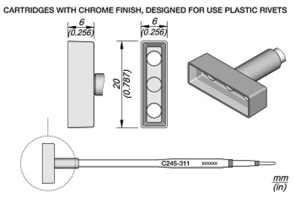 The image displays technical drawings of cartridges with a chrome-plated surface, designed for plastic rivets. Dimensions and views from various perspectives are shown.