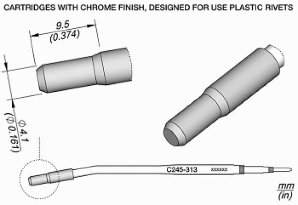 The image displays technical drawings of two cartridges with a chrome-colored surface. They are designed for use with plastic rivets. Dimensions are provided.