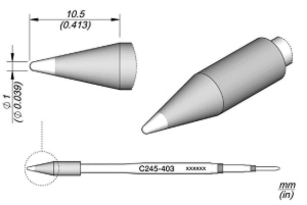 The image shows a pen with a conical tip. There is a side view, a top view, and a detailed view of the tip. The dimensions are given in millimeters.