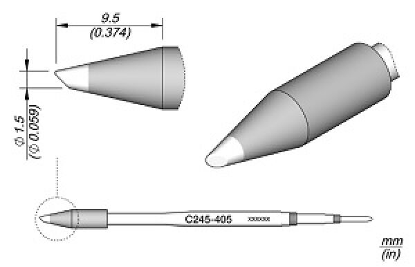 Das Bild zeigt eine technische Zeichnung eines Stifts. Er hat eine konische Form mit einer spitzen, weißen Spitze. Maße wie Durchmesser und Länge sind angegeben.