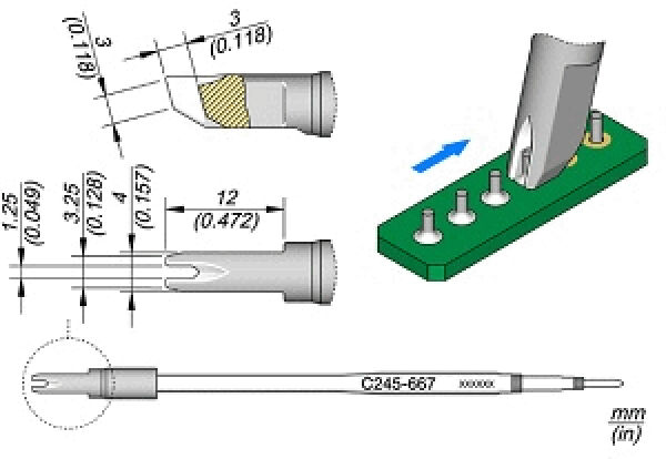 Das Bild zeigt technische Zeichnungen eines Bauteils mit verschiedenen Ansichten und Maßen. Es gibt eine Draufsicht, Seitenansichten und nähere Detailansichten.