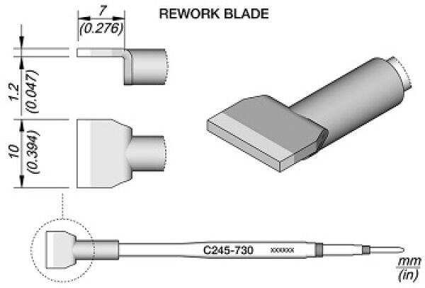 Das Bild zeigt eine technische Zeichnung eines Rework-Knives. Es ist eine detaillierte Darstellung mit Maßen in mm und einer Kennzeichnung am Griff. Der Klingenkopf ist flach und hat eine spezielle Form.