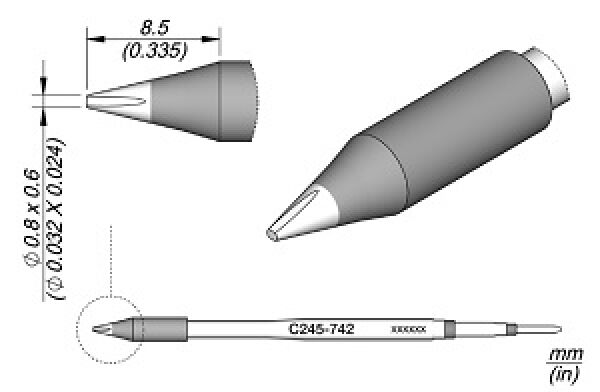 Das Bild zeigt eine technische Zeichnung eines Stiftes. Die Ansicht umfasst die Spitze, den Schaft und Maße wie Durchmesser und Länge. Der Stift hat eine konische Form und ist oben abgerundet.