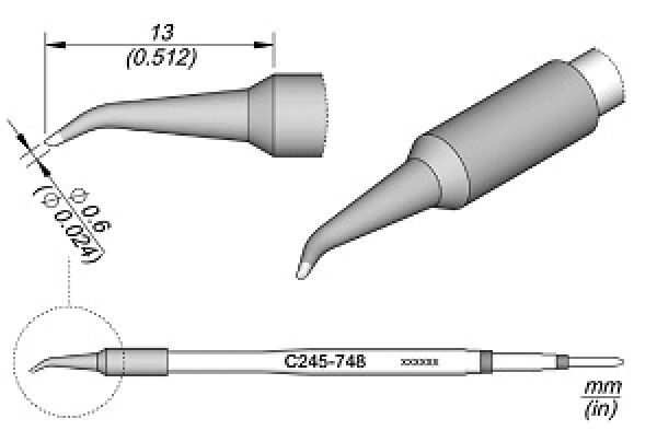 The image shows a technical drawing of a tool attachment with a pointed end, displayed in multiple perspectives. Dimensions are provided.