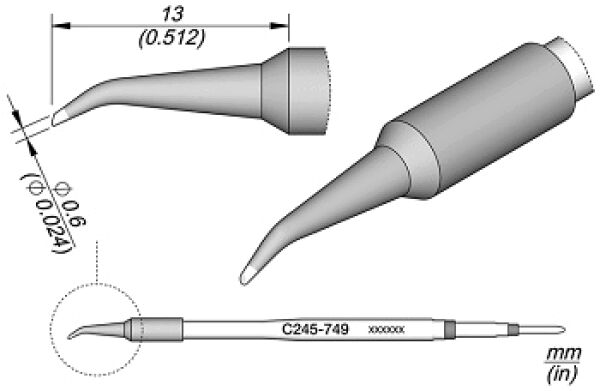 The image shows a technical drawing of a slender, conical tool with a long, thin handle and a pointed working surface. Dimensions are indicated.