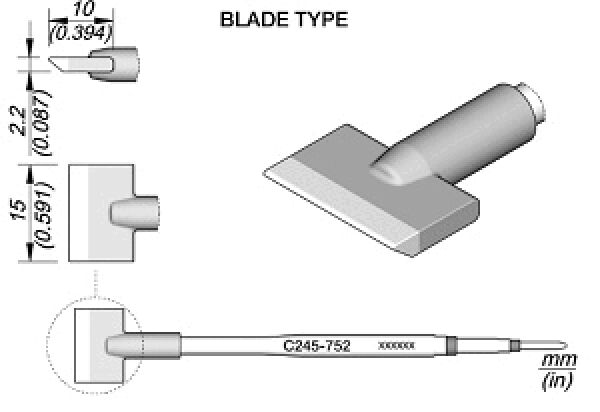 The image displays a technical drawing of a tool blade. It includes various views, dimensions, and a description of the blade type, along with a detailed sketch.