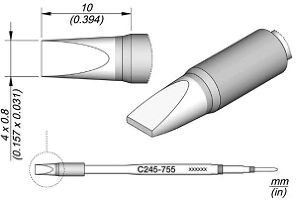 The image displays technical drawings of a tool or tip. The top left shows dimensions. Below, the tip is seen with a tapered round connection.