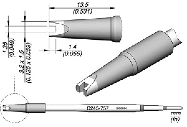 Das Bild zeigt technische Zeichnungen eines Bauteils, das eine konische Form hat und an einer Seite einen schmalen Schlitz aufweist. Maße und Beschriftungen sind angegeben.