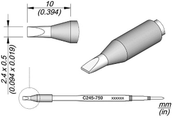 The image displays technical drawings of a tool with various views. It features a conical tip and an elongated shape, with dimensions in millimeters.