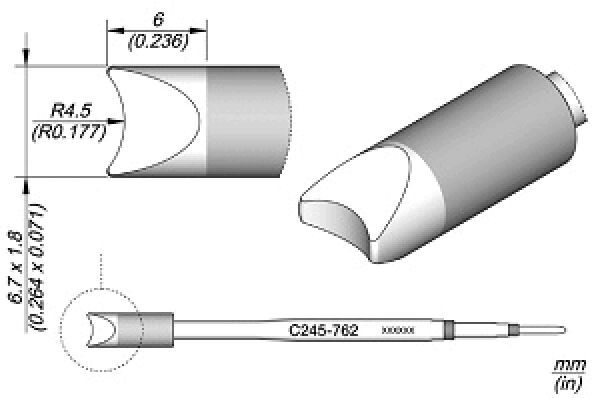 The image displays technical drawings of a cylindrical object with a rounded tip. It includes dimensions and a side view that clarifies the shape.