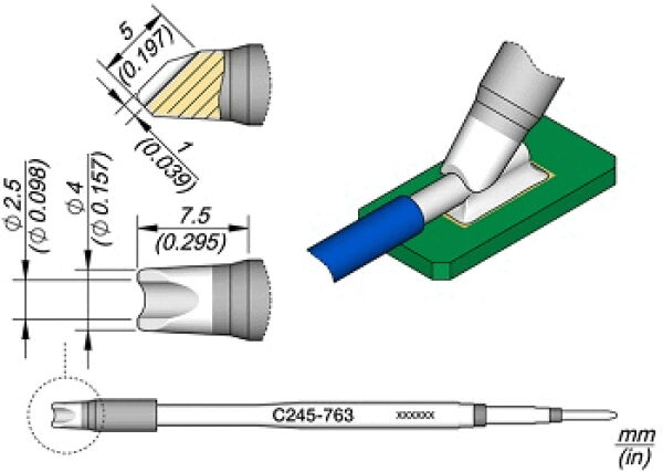 The image displays technical drawings of a component from various viewing perspectives. It includes dimensions in millimeters and a detailed view of the shape and structure.