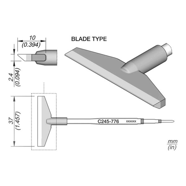 Das Bild zeigt eine technische Zeichnung eines Werkzeugkopfes. Er hat eine breite, flache Klinge mit einem runden Griff. Maße sind angegeben in Millimetern: Länge 37 mm, Breite 10 mm.