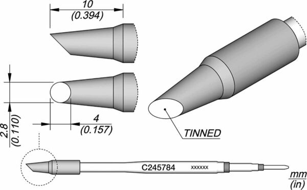 The image displays technical drawings of a component with various views. There are dimensions in millimeters and a sectional view. One side is marked as "TINNED."