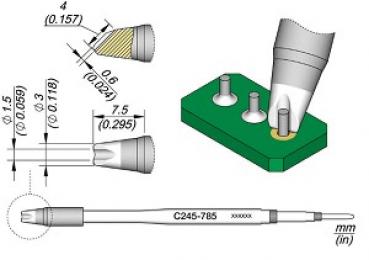 The image displays technical drawings with dimensions of a component. There is a side view, a top view of a green base with two pins, and a detailed view of a tool.