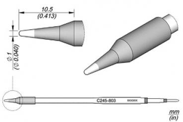 The image displays a technical drawing of a pen with a pointed end. It has a cylindrical shape, with a description of the dimensions and details that clarify the size and shape.