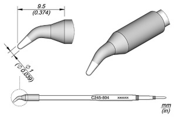 The image shows a technical drawing of a tool attachment with a sharp, curved shape. Dimensions in millimeters are provided, describing the dimensions of the attachment.