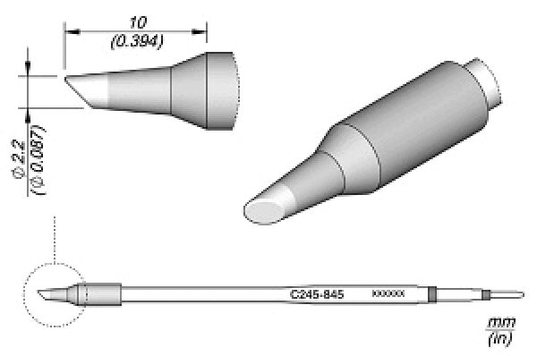 Das Bild zeigt eine technische Zeichnung eines Stifts mit einer konischen Spitze. Es sind Maße in Millimetern angegeben. Der Stift hat einen runden, ergonomischen Körper und eine feine, spitze Schreibmine.