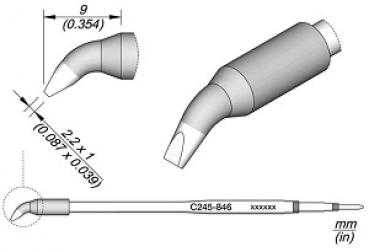 The image displays a technical drawing of a tool attachment with a curved end. Dimensions and details of the design are shown, including a sketch of the main part and the tip area.