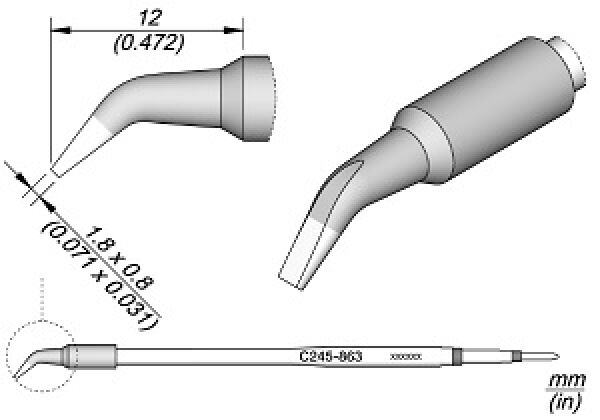 The image shows technical drawings of a tool attachment with a curved end. It includes dimensions in mm and inches as well as a side and a top view.