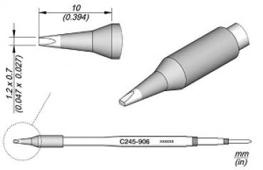 The image displays technical drawings of a pen. It features a sharp tip, a thick grip, and dimensions on one side. The drawings are shown in various views.