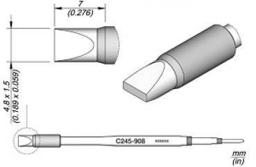 Das Bild zeigt eine technische Zeichnung eines Instruments. Es hat einen zylindrischen Griff und eine spitz zulaufende, flache Klinge. Maße sind angegeben, um die Größe zu verdeutlichen.