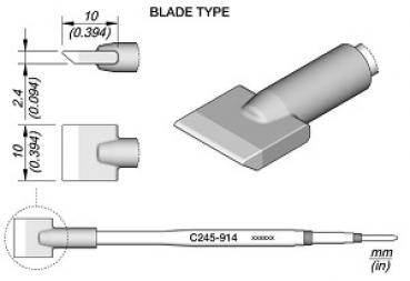 Das Bild zeigt eine technische Zeichnung eines Messgeräts mit einem flachen Klingenaufsatz. Es enthält Maße und Ansichten des Aufsatzes sowie des Griffs. Skizzen sind in einer präzisen, schematischen Darstellung gehalten.