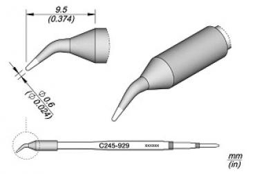 Das Bild zeigt eine technische Zeichnung eines präzisen, schmalen Werkzeugs mit einer konischen Spitze. Der Körper ist lang und zylindrisch, mit Maßangaben in Millimeter und Zoll.