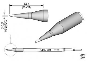 The image shows a technical drawing of a sharp object, apparently a needle or a similar tool. There are three views: the side view, the top view, and a close-up of the tip area. Dimensions are provided.