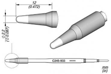 The image displays technical drawings of an object, likely a pen or tool. There are views from the side, top, and a detailed view. Dimensions are provided.