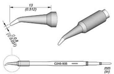 The image displays various views of a precise, sharp tool or attachment with ????? dimensions. The attachment has a narrow, conical shape and is made of a solid material.