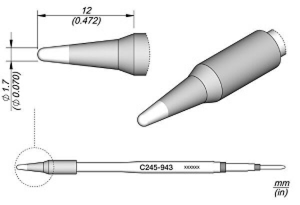 Das Bild zeigt einen technischen Stift in verschiedenen Ansichten. Der Stift hat eine konische Spitze und einen runden Körper. Auf dem Körper steht eine Modellnummer. Maße sind angegeben.