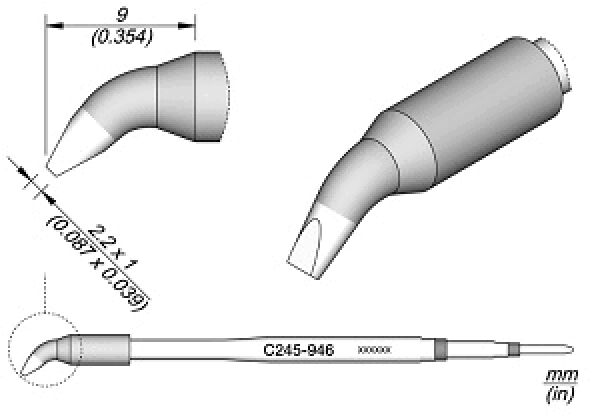 The image displays technical drawings of a tool from various perspectives. It features a round handle and a pointed, angled tip for precise applications. Dimensions are provided.