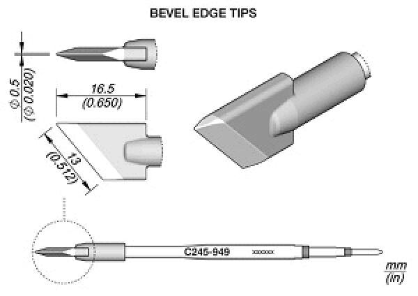 The image shows different views of an angled tip tool. It includes measurements for diameter and length, as well as a detailed view of the tip. The shapes are technical and precise.