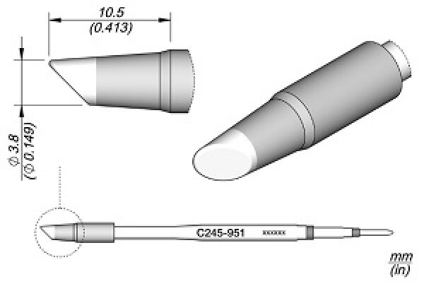 The image displays technical drawings of a sharp, elongated object with a conically tapered tip. Dimensions in millimeters are provided, illustrating the size and shape of the object.