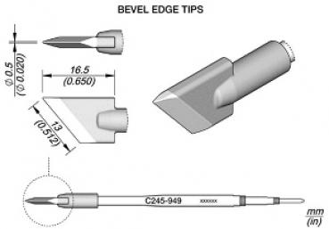 The image displays various views of the angled tips of a tool. It includes measurements for diameter and length, as well as a representation of the tip and the handle.