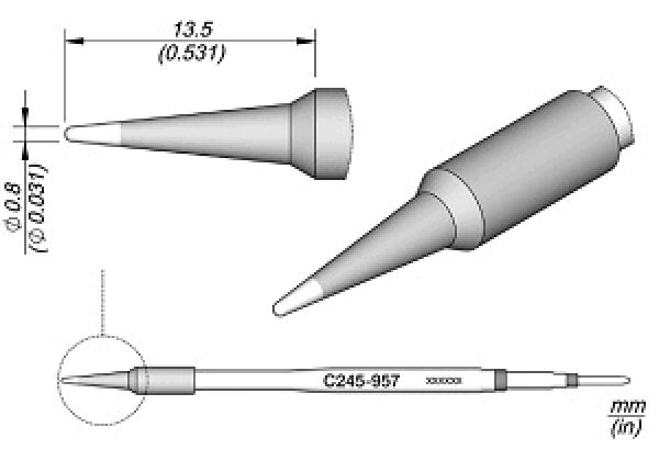 The image shows a technical drawing of an object with a tapered end and a cylindrical body. Dimensions in millimeters are provided, including diameter and length.