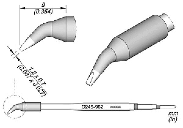 The image displays a technical drawing of a fine nozzle tool. It features a conical head with a narrow opening and a cylindrical handle. Dimensions are provided.